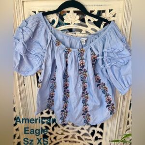 American Eagle Outfitters Light Blue Floral Embroidered Blouse